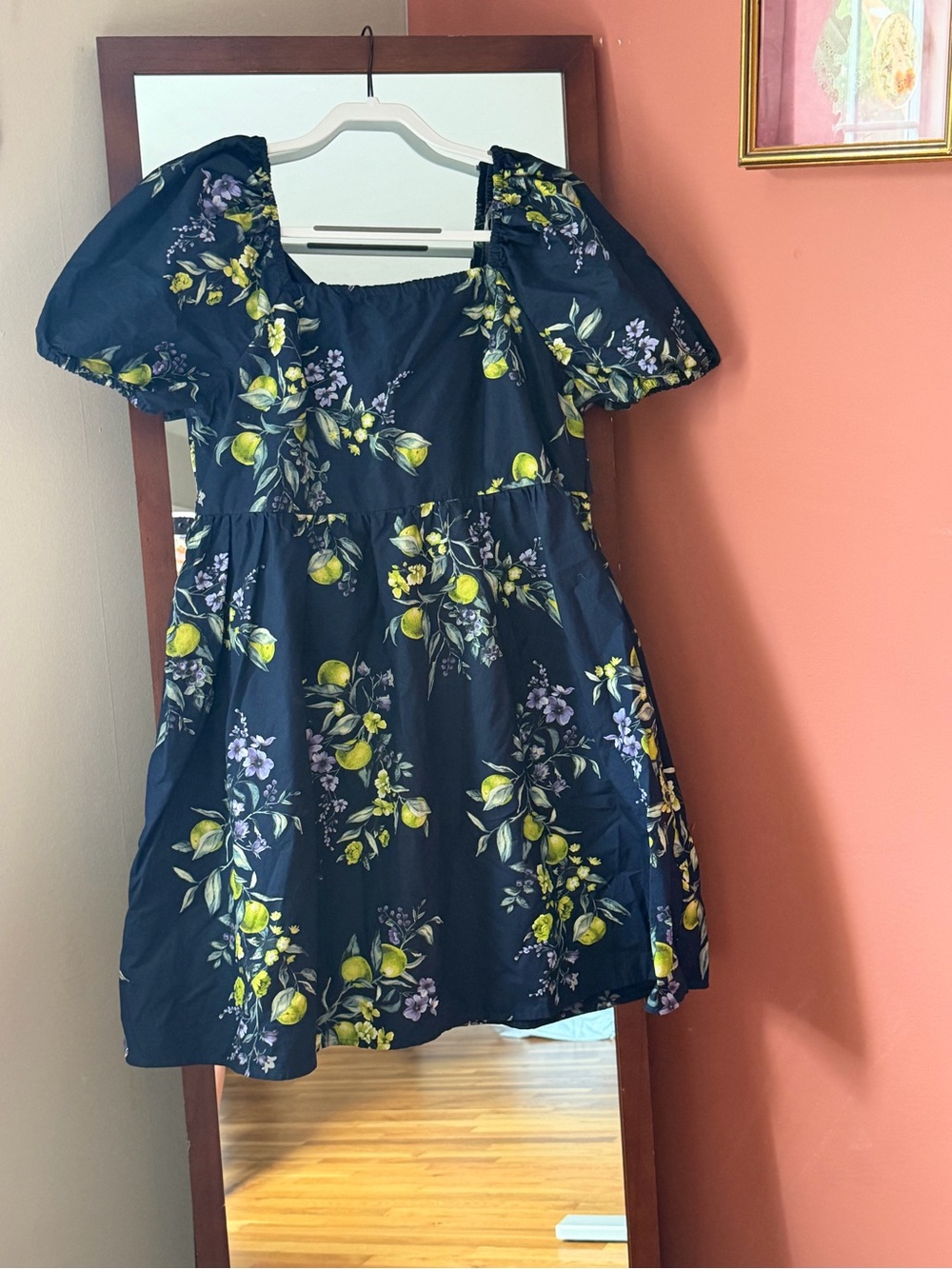 Time and Tru Navy Lemon-Print Puff Sleeve Mini Dress